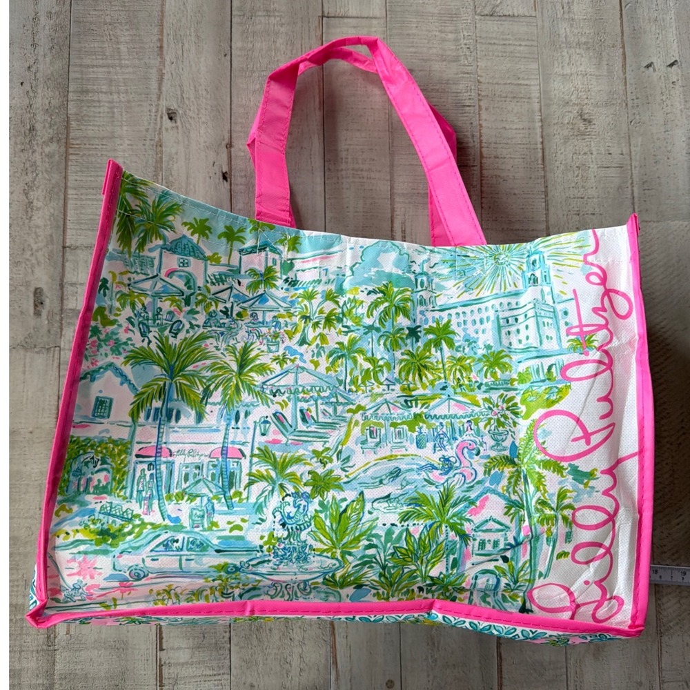 Lilly Pulitzer Reusable Tote Bag Pink Tropical Palm Beach Shopper Flamingo Print